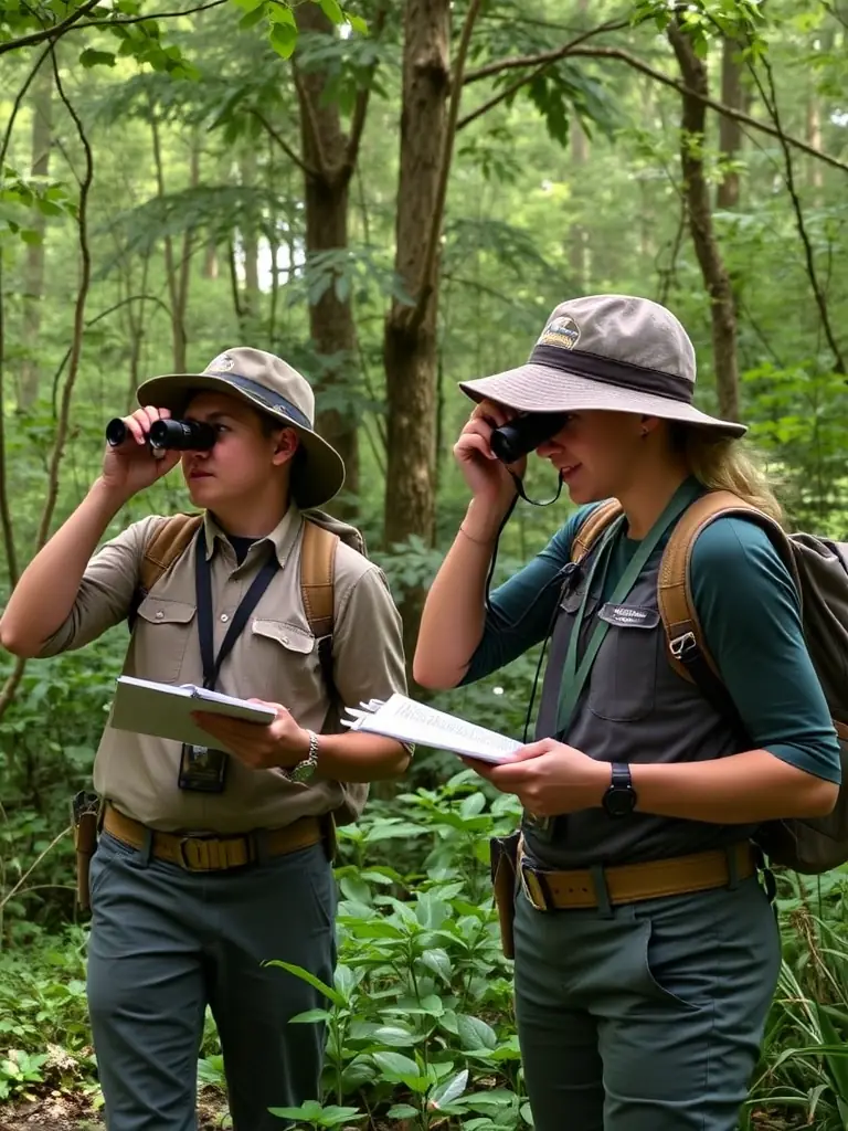 A photograph depicting ACCA DE CEZENS members participating in a wildlife census, dressed in appropriate field attire, using binoculars and notebooks to record observations in a natural habitat setting.