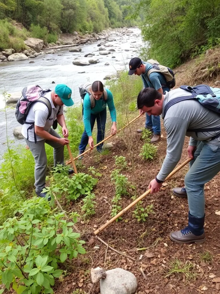 A photograph showing ACCA members conducting a habitat restoration project, planting native trees and shrubs along a riverbank, showcasing their dedication to ecological balance.