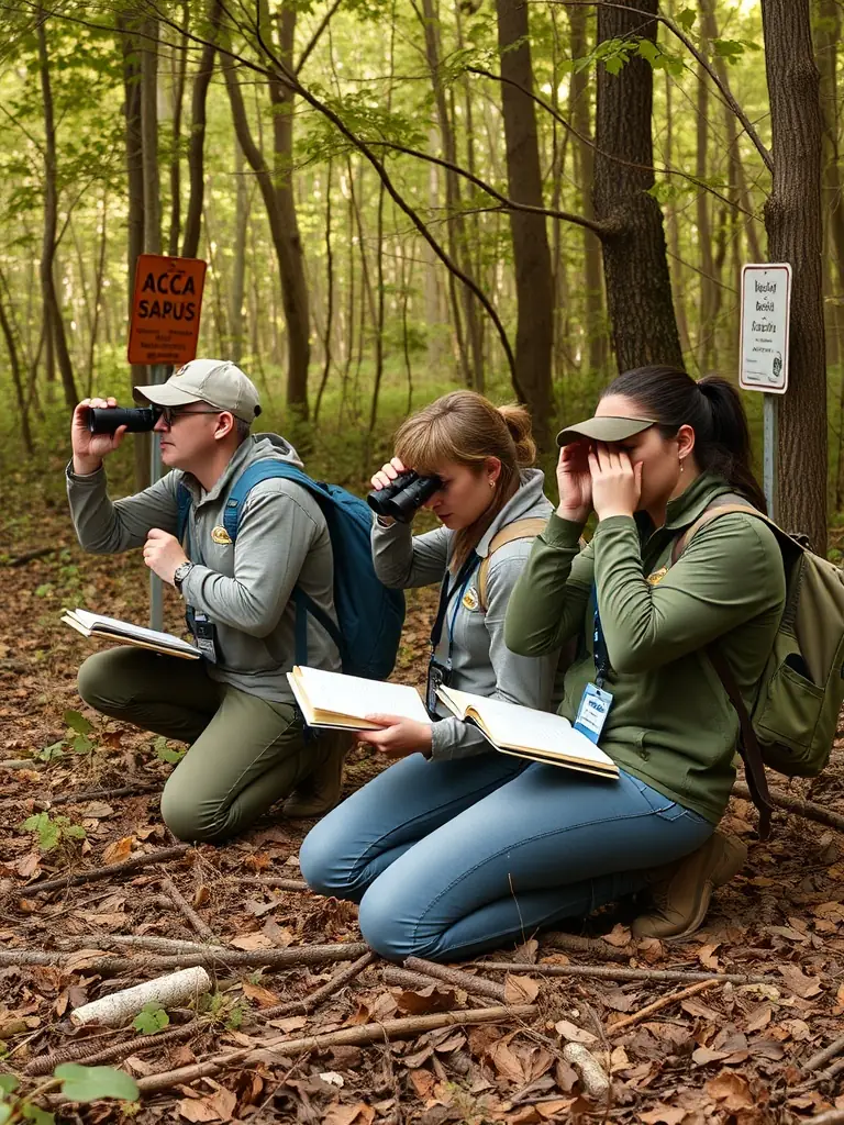 A photograph depicting ACCA DE CEZENS members participating in a wildlife census, using binoculars and notebooks in a natural habitat setting. The image should convey a sense of dedication to wildlife monitoring and conservation.