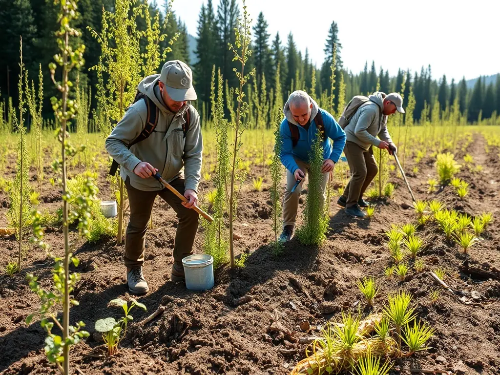 An image showing ACCA DE CEZENS members conducting a habitat restoration project, planting native trees and shrubs in a deforested area to enhance biodiversity.