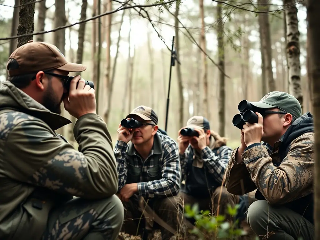 A photograph depicting ACCA DE CEZENS members participating in a wildlife census activity in the Cezens region, using binoculars and notebooks to record observations in a natural habitat.