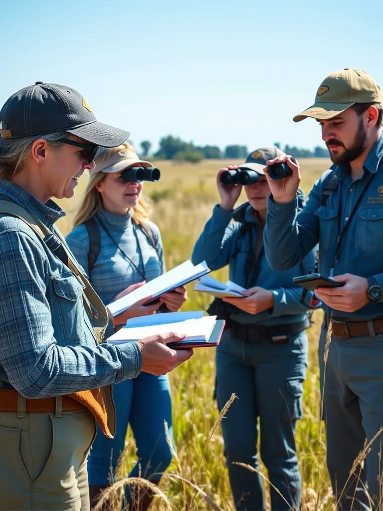 A photograph depicting ACCA members participating in a wildlife census, counting deer in a field with binoculars, emphasizing the organization's commitment to wildlife population monitoring.