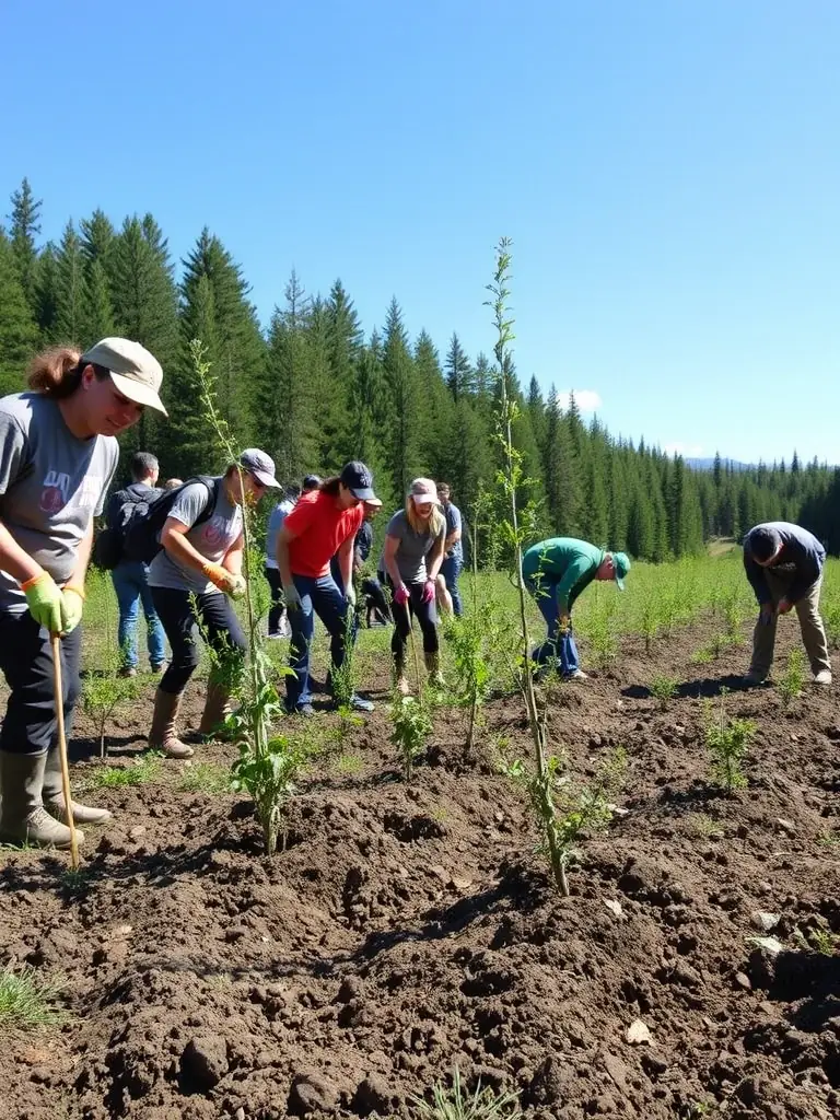 A photograph showing ACCA DE CEZENS members planting native trees and shrubs in a deforested area. The image should highlight the organization's commitment to ecological restoration and habitat enhancement.