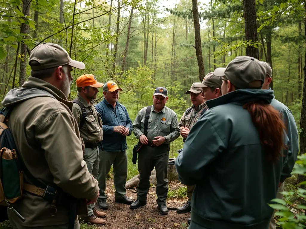 A photograph of ACCA DE CEZENS members attending an educational workshop on ethical hunting practices, led by an experienced conservationist, in a rustic, natural setting.