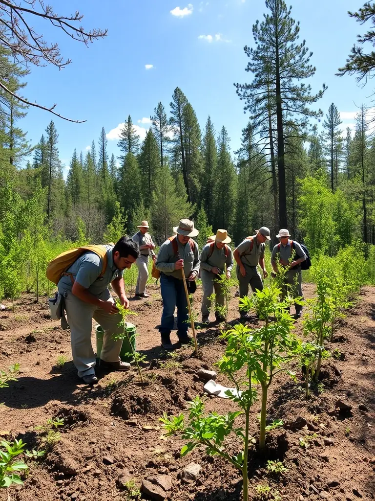 A photograph of ACCA DE CEZENS members participating in a habitat restoration project, planting trees and clearing invasive species in a forest area.