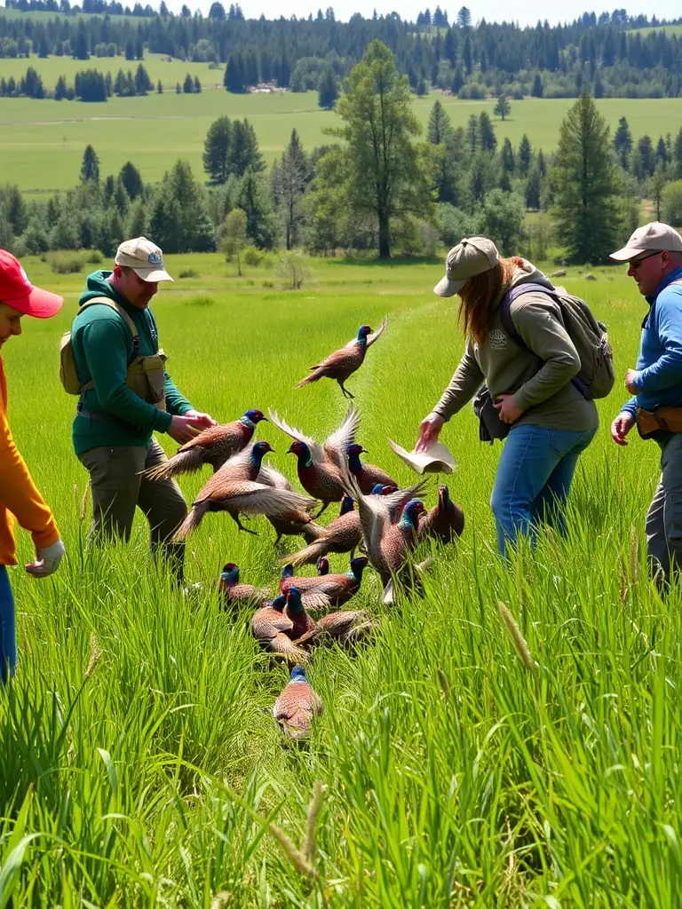A photograph showing ACCA DE CEZENS members releasing pheasants into a managed habitat, with a focus on the birds taking flight and the natural environment.