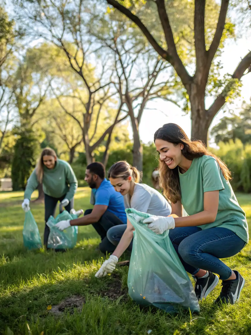 A photograph showing ACCA DE CEZENS members cleaning up a local forest area, collecting litter and debris. The image should highlight the organization's commitment to environmental stewardship and community involvement.