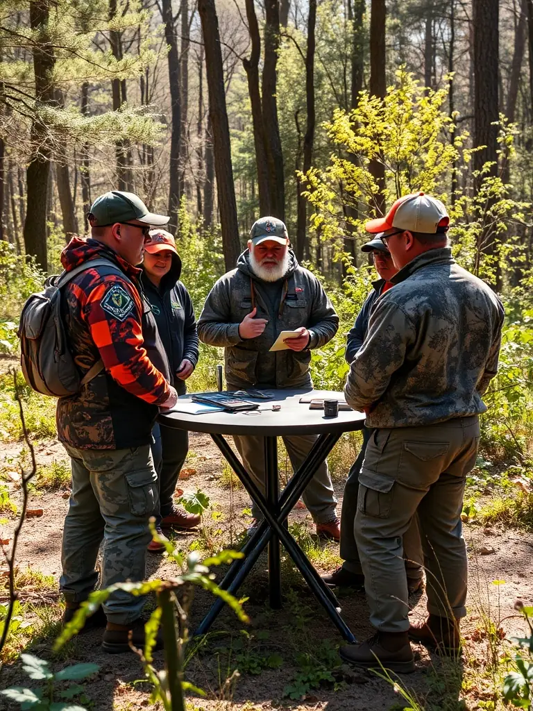 A photograph of ACCA DE CEZENS members leading a workshop on ethical hunting practices for local hunters. The image should convey a sense of education and responsible hunting advocacy.